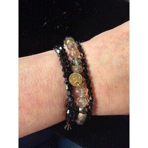 Black Crystal Beaded Stretch Bracelet Set of 4, Gold
